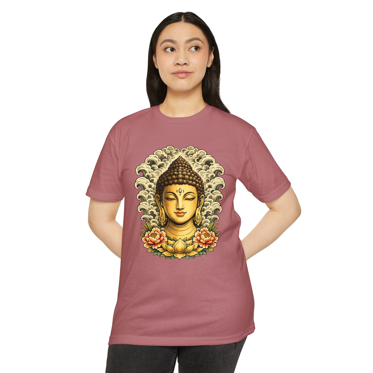 T-Shirt, Short Sleeve Boxy Crew Neck - Buddha Head Floral