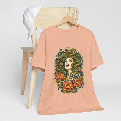 T-Shirt, Short Sleeve Wide Neck - Medusa Snake Hair Floral
