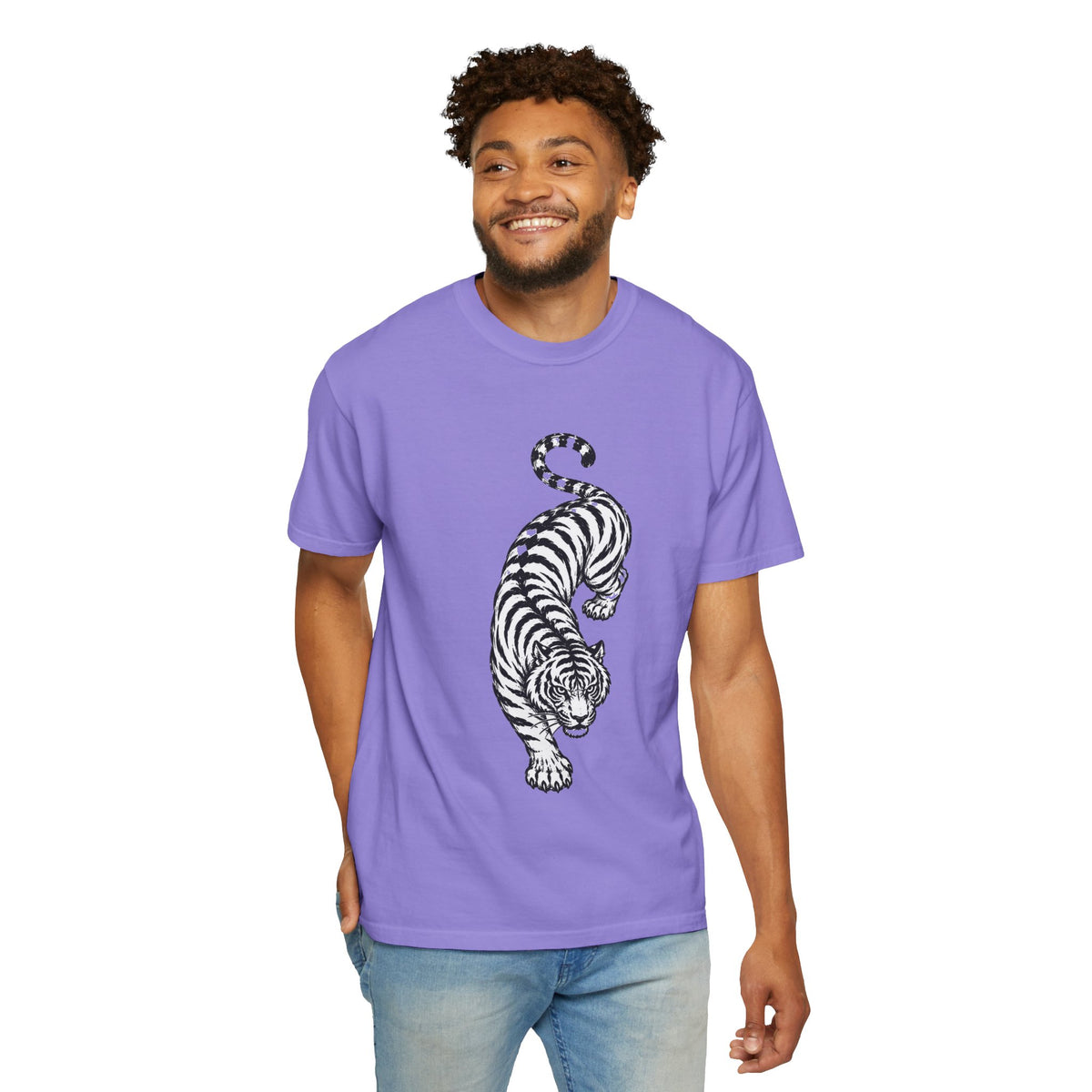 T-Shirt, Short Sleeve Boxy Crew Neck - Black & White Tiger