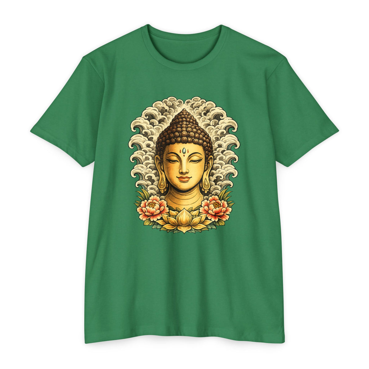 T-Shirt, Short Sleeve Boxy Crew Neck - Buddha Head Floral