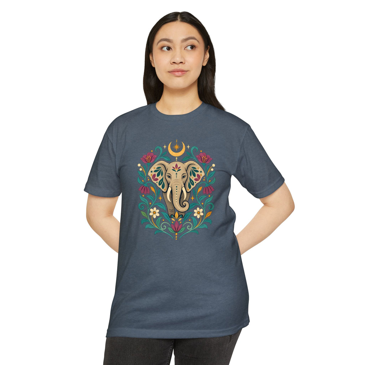 T-Shirt, Short Sleeve Boxy Crew Neck - Boho Indian-Inspired Elephant Floral