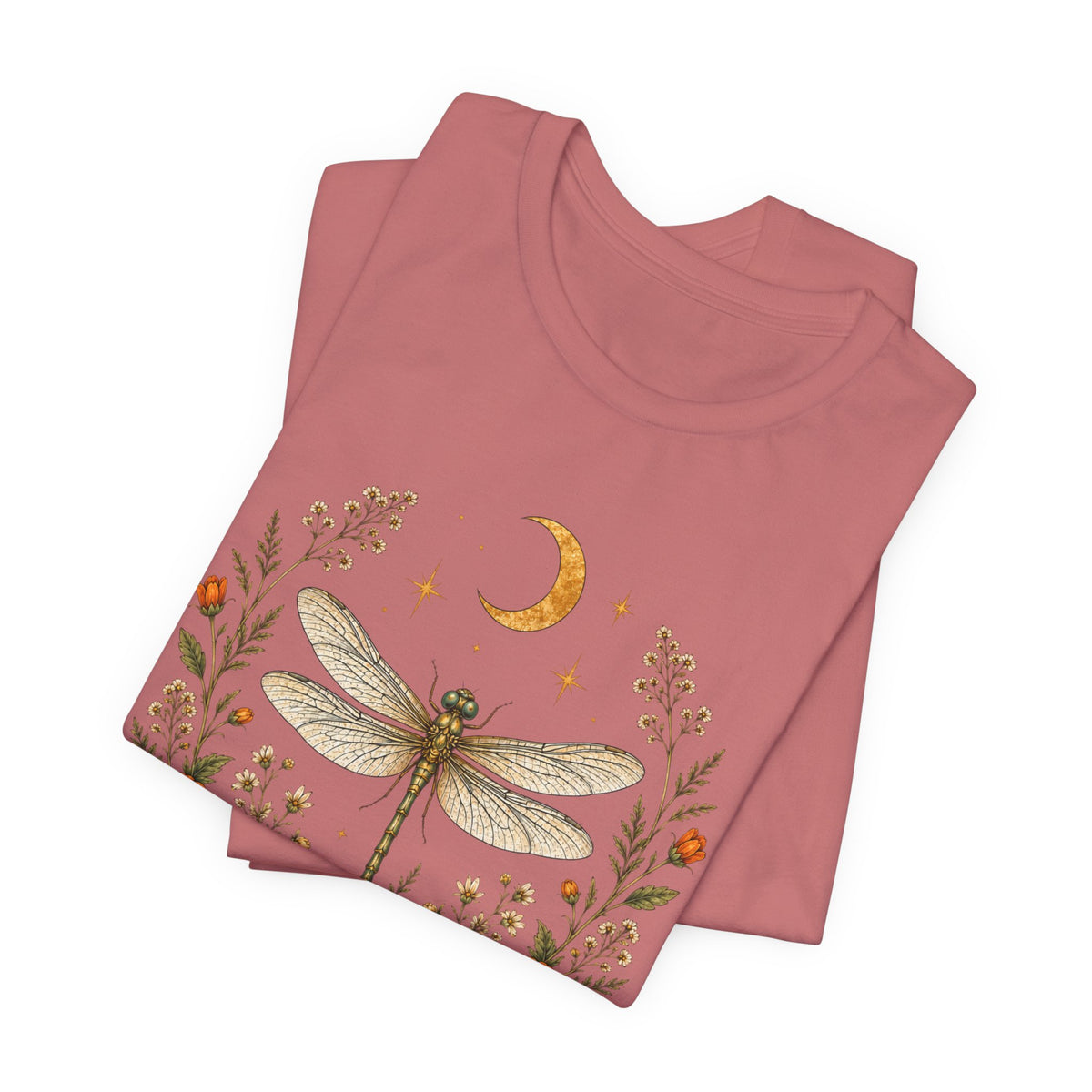T-Shirt, Short Sleeve Boxy Crew Neck - Boho Dragonfly Moon