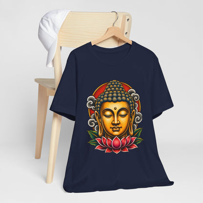 T‑Shirt, Short Sleeve Boxy Crew Neck - Golden Buddha Head with Lotus