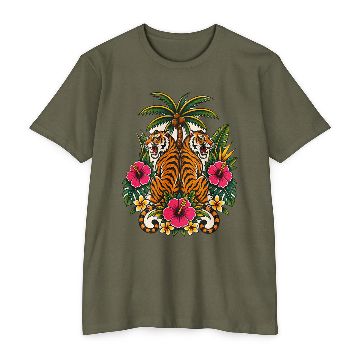 T-Shirt, Short Sleeve Boxy Crew Neck - Tiger Tiger Tropics Vintage Floral Palm