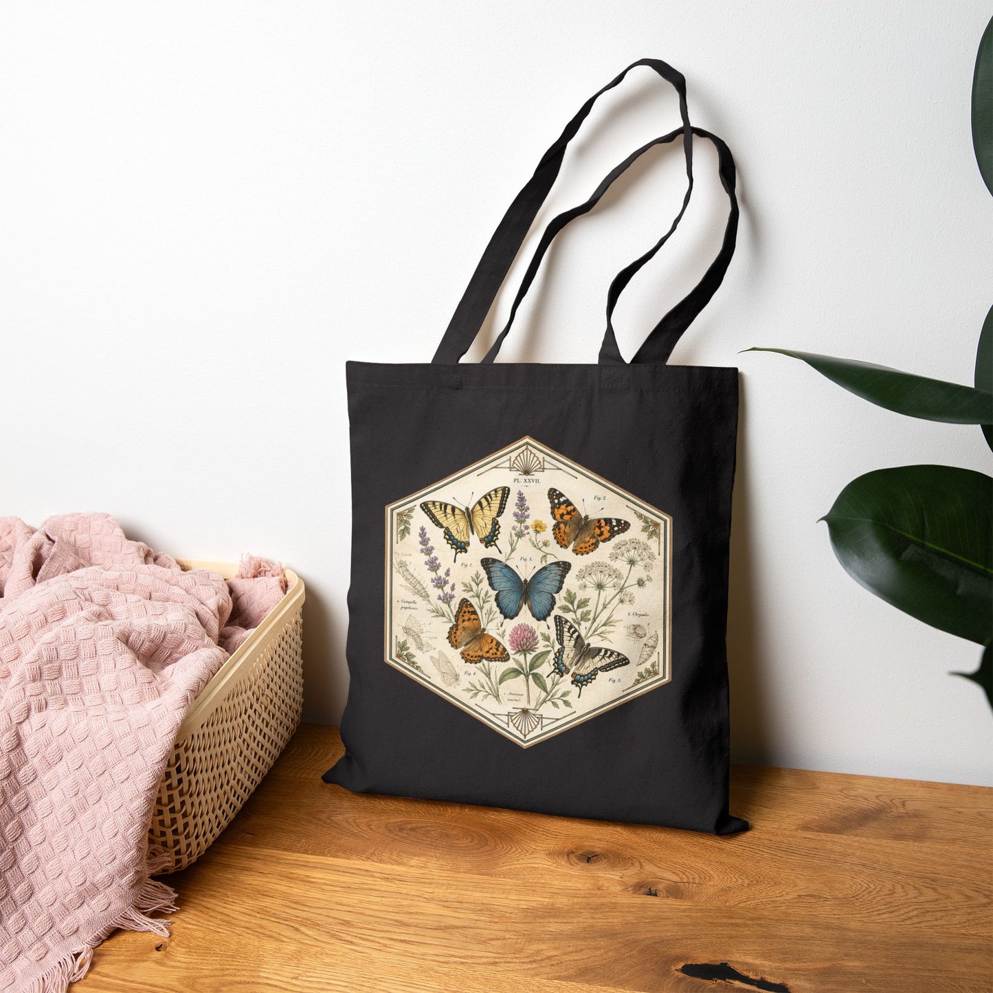 Vintage Hexagon Butterflies & Floral Canvas Tote Bag