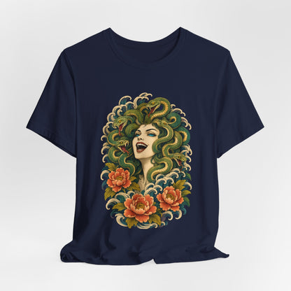 T-Shirt, Short Sleeve Wide Neck - Medusa Snake Hair Floral