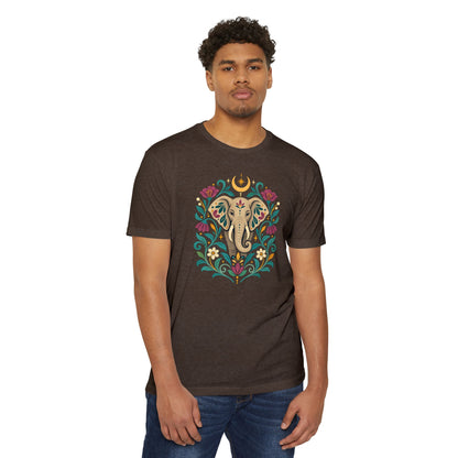 T-Shirt, Short Sleeve Boxy Crew Neck - Boho Indian-Inspired Elephant Floral