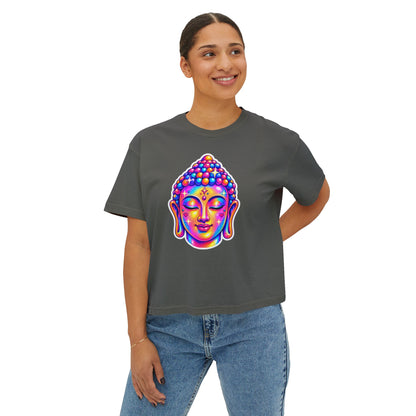T-Shirt, Short Sleeve Boxy Crew Neck Cropped - 1980s Buddha Head