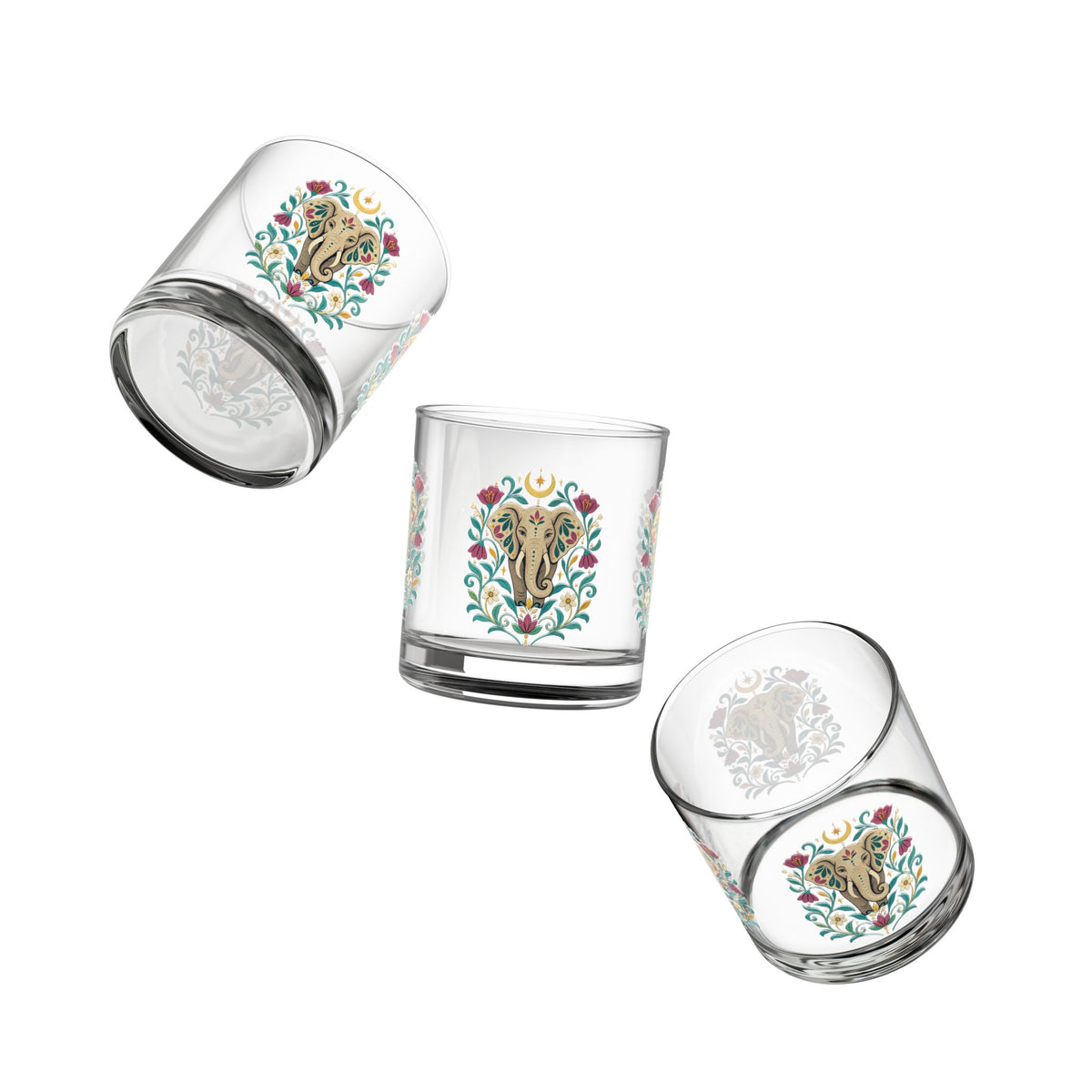 Glass, Rocks Glass Whiskey Tumbler 10oz - Boho Floral Elephant Motif