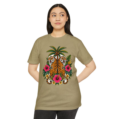 T-Shirt, Short Sleeve Boxy Crew Neck - Tiger Tiger Tropics Vintage Floral Palm