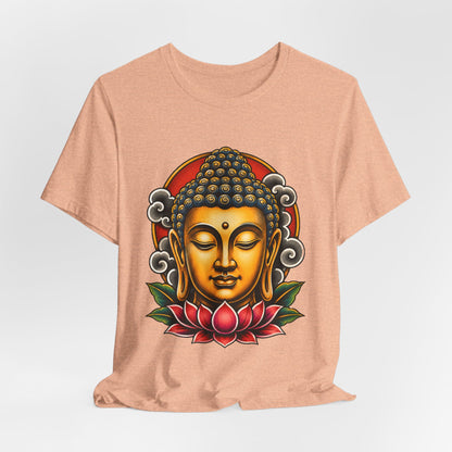 T‑Shirt, Short Sleeve Boxy Crew Neck - Golden Buddha Head with Lotus
