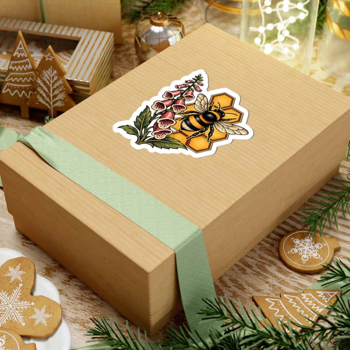 Sticker,  Kiss-Cut - Floral Honeycomb Bee & Foxglove