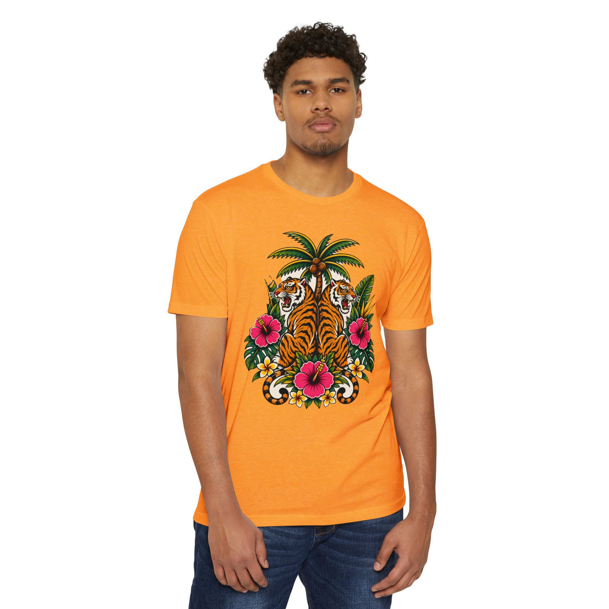 T-Shirt, Short Sleeve Boxy Crew Neck - Tiger Tiger Tropics Vintage Floral Palm