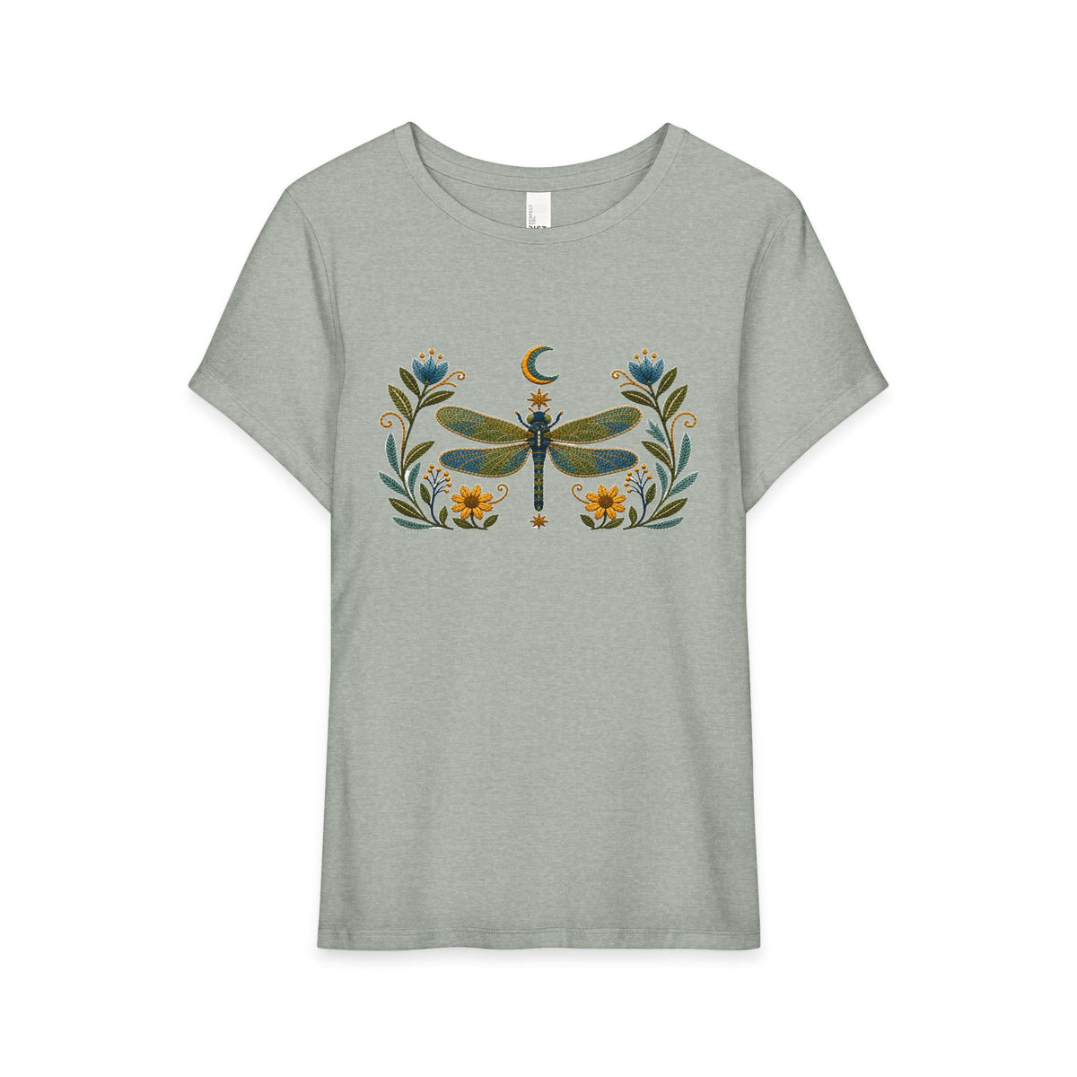 T-Shirt, Short Sleeve Wide Neck Relaxed Fit - Floral Dragonfly & Moon