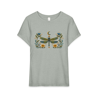 T-Shirt, Short Sleeve Wide Neck Relaxed Fit - Floral Dragonfly & Moon