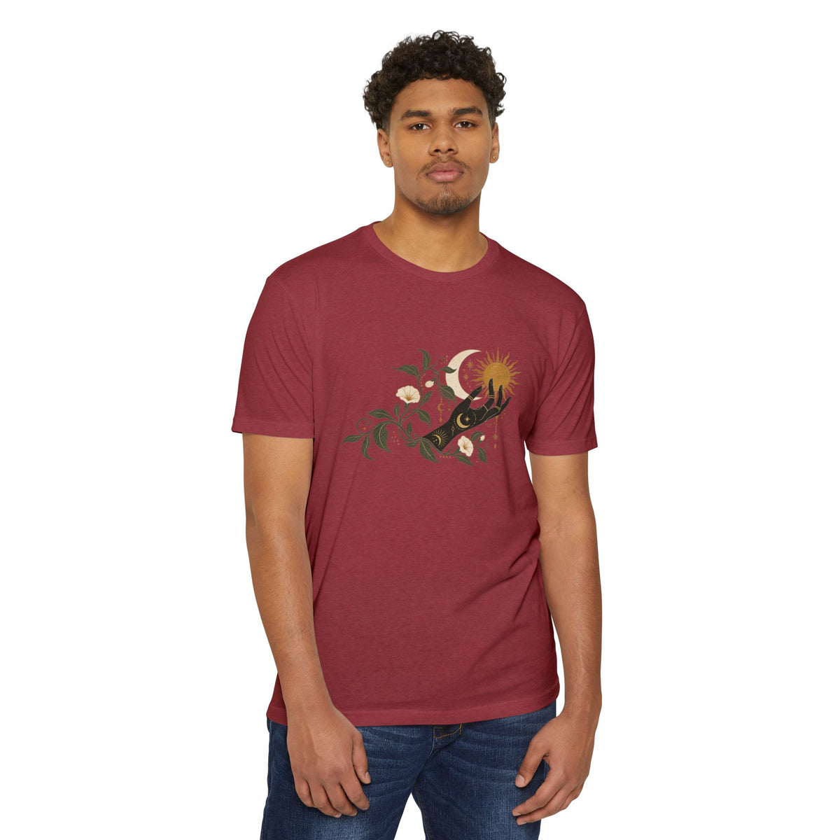T-Shirt, Short Sleeve Boxy Crew Neck - Botanical Hand Reaching for the Sun