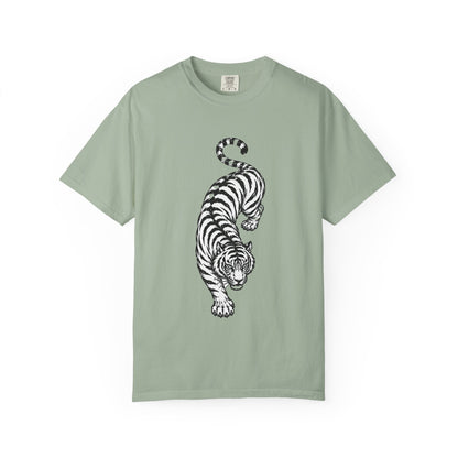 T-Shirt, Short Sleeve Boxy Crew Neck - Black & White Tiger