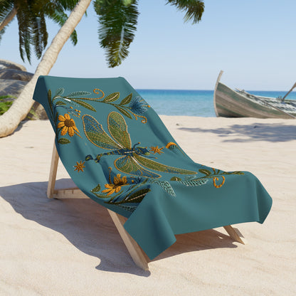 Towel, Beach - Floral Dragonfly & Moon (teal)