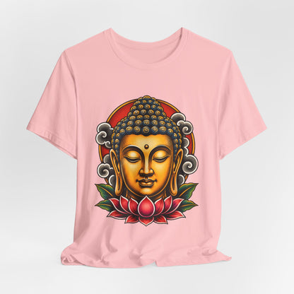 T‑Shirt, Short Sleeve Boxy Crew Neck - Golden Buddha Head with Lotus