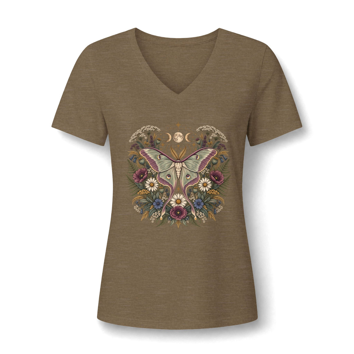 T-Shirt, Short Sleeve V-Neck Tee - Floral Heart & Moth