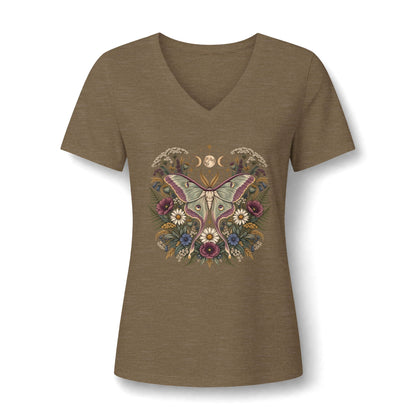T-Shirt, Short Sleeve V-Neck Tee - Floral Heart & Moth
