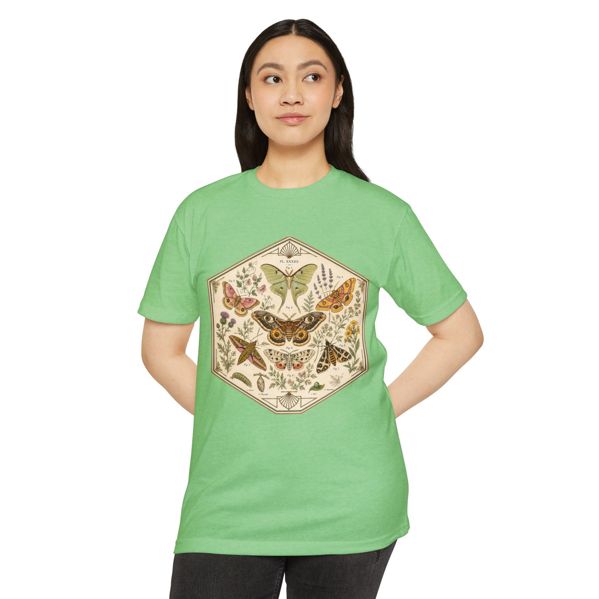 T-Shirt, Short Sleeve Boxy Crew Neck - Moth & Botanicals Hexagon Vintage Nature Illustration