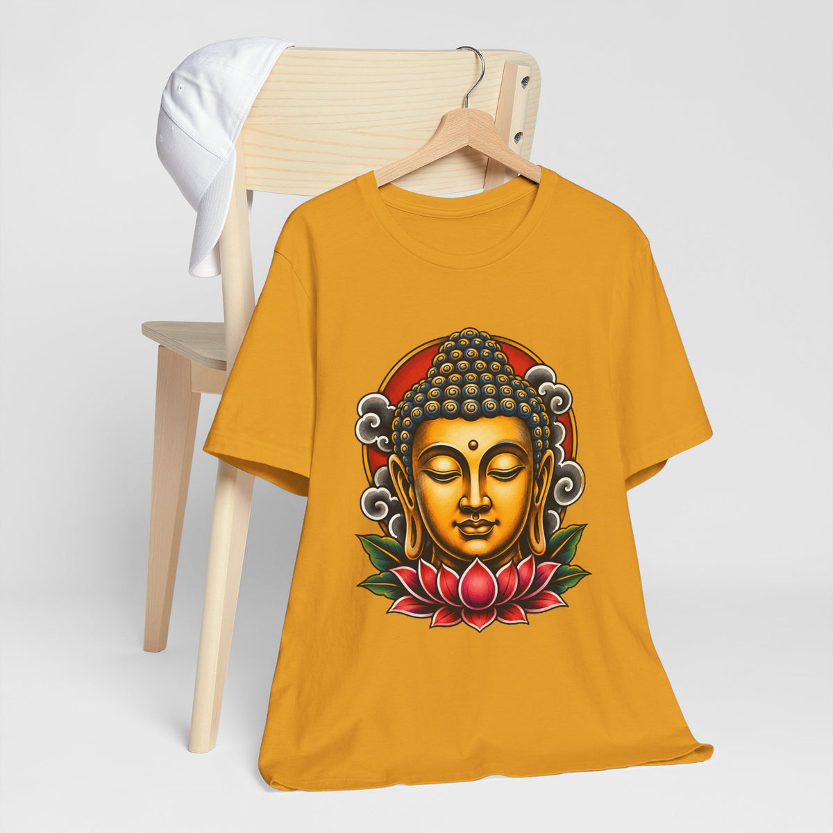T‑Shirt, Short Sleeve Boxy Crew Neck - Golden Buddha Head with Lotus