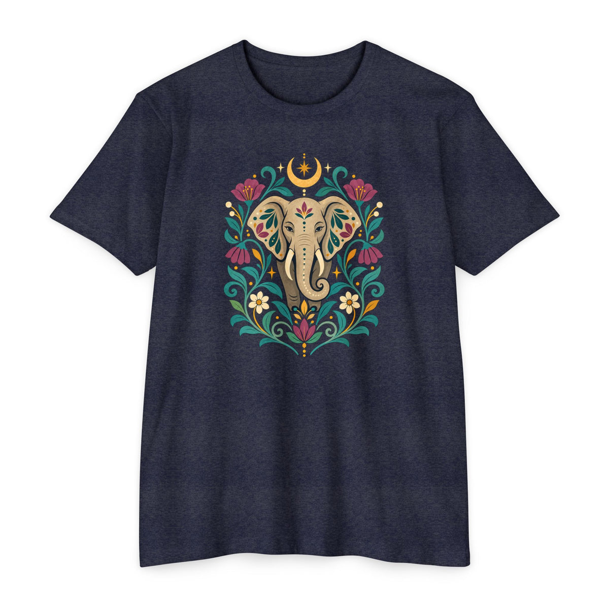 T-Shirt, Short Sleeve Boxy Crew Neck - Boho Indian-Inspired Elephant Floral