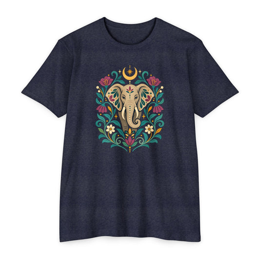 T-Shirt, Short Sleeve Boxy Crew Neck - Boho Indian-Inspired Elephant Floral