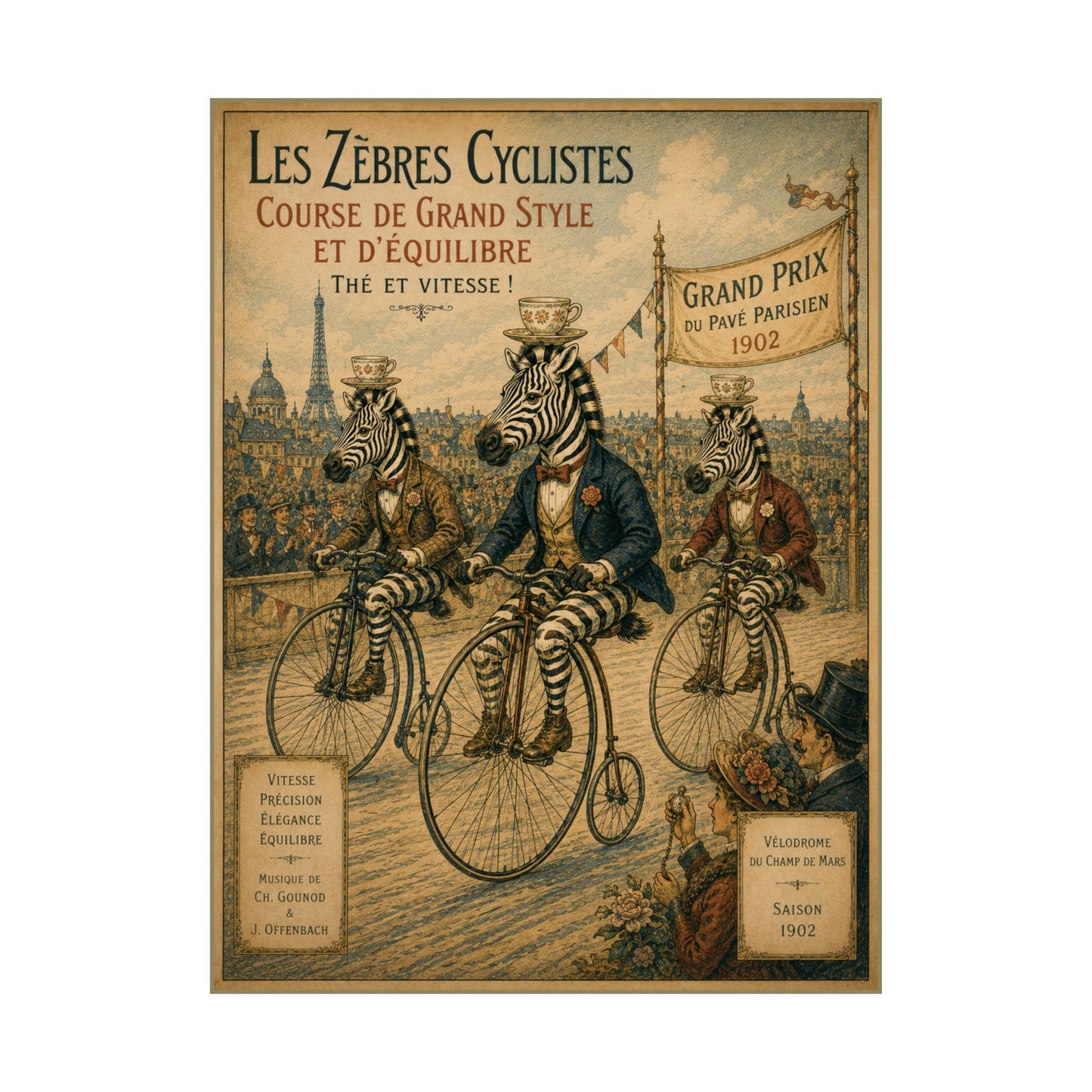 Vintage Zebra Cyclists Poster Matte Vertical Poster | Antique Bicycle Race Art