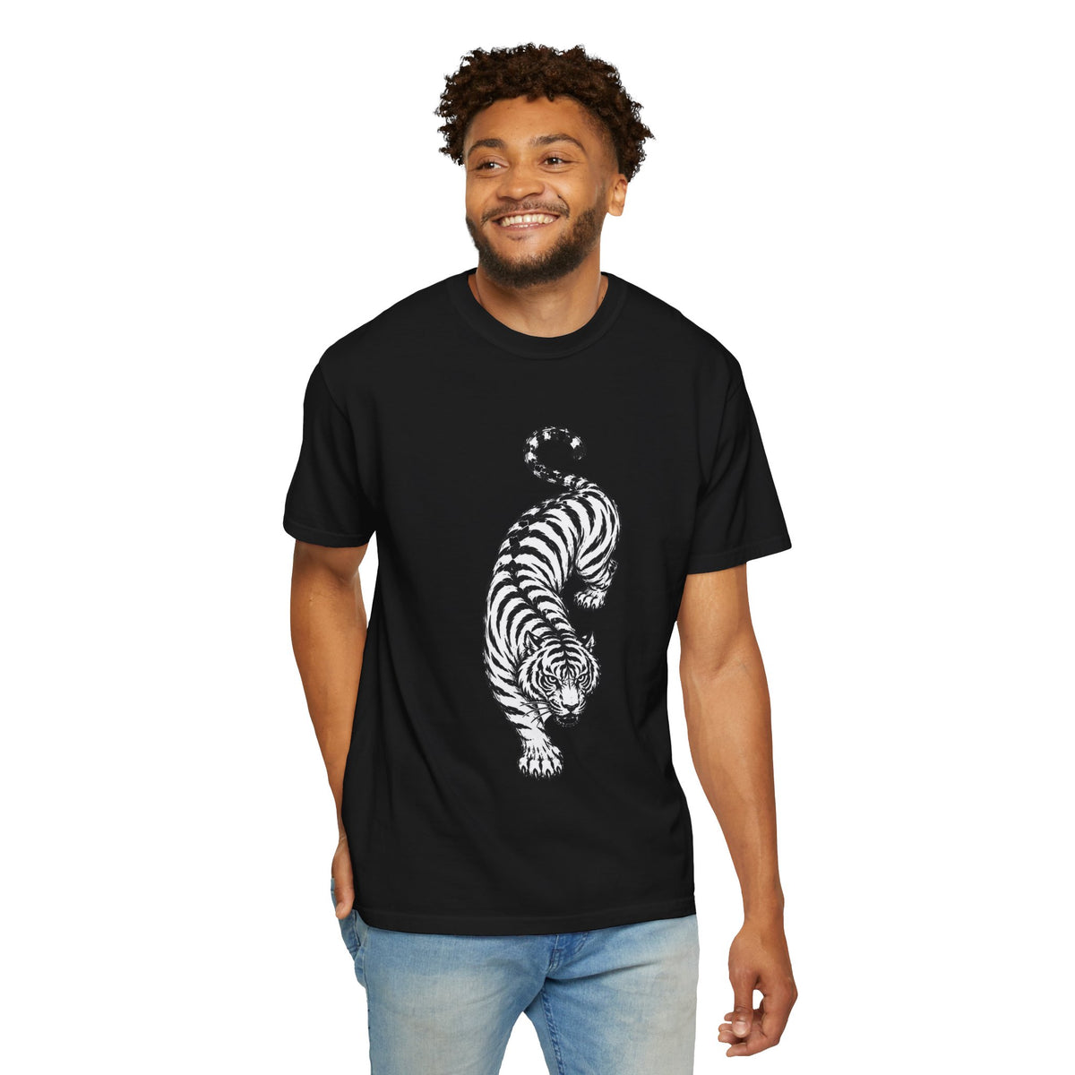 T-Shirt, Short Sleeve Boxy Crew Neck - Black & White Tiger