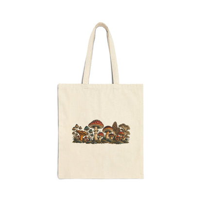 Mushroom Garden Canvas Tote Bag — Vintage Wild Fungi Illustration Eco Market Bag