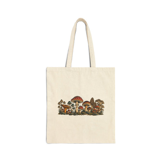 Mushroom Garden Canvas Tote Bag — Vintage Wild Fungi Illustration Eco Market Bag