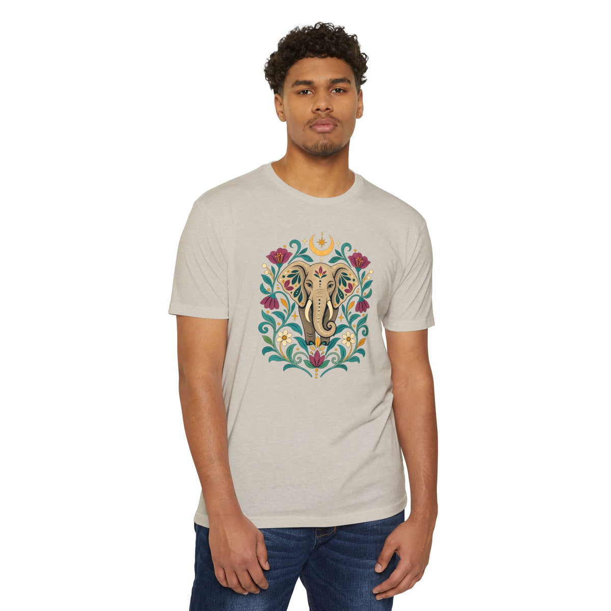 T-Shirt, Short Sleeve Boxy Crew Neck - Boho Indian-Inspired Elephant Floral