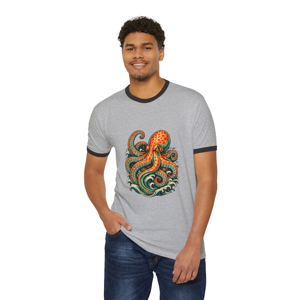 T-Shirt, Ringer - Octopus Ocean Waves