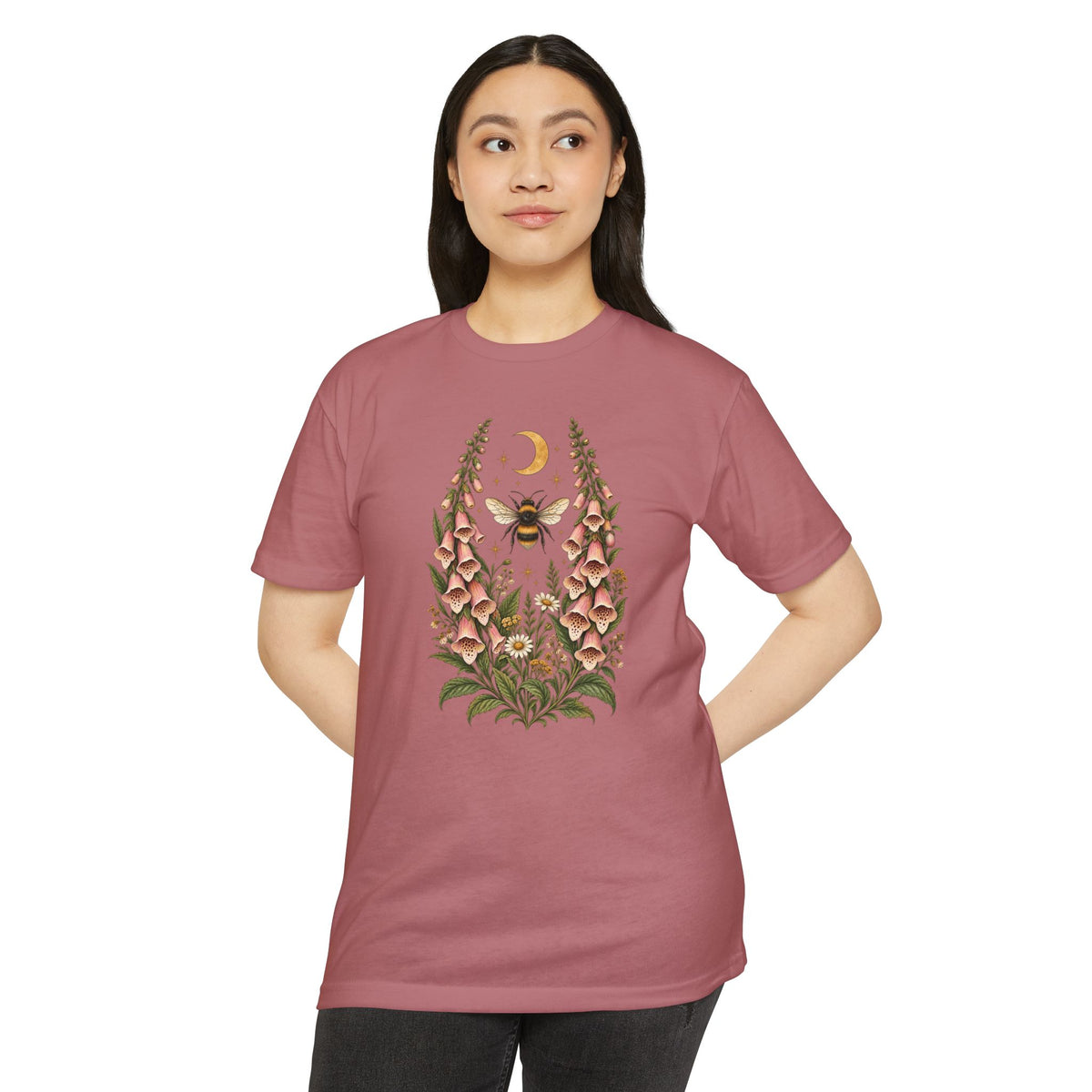T-Shirt, Short Sleeve Boxy Crew Neck - Bee & Foxglove Vintage Floral Moon