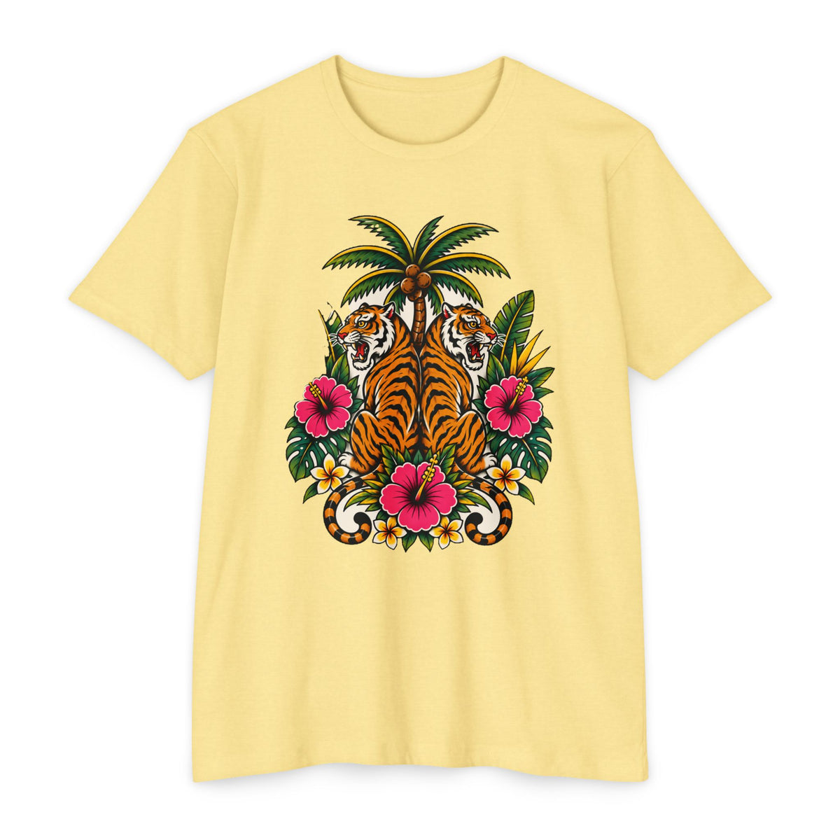 T-Shirt, Short Sleeve Boxy Crew Neck - Tiger Tiger Tropics Vintage Floral Palm