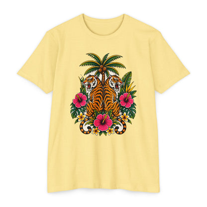 T-Shirt, Short Sleeve Boxy Crew Neck - Tiger Tiger Tropics Vintage Floral Palm