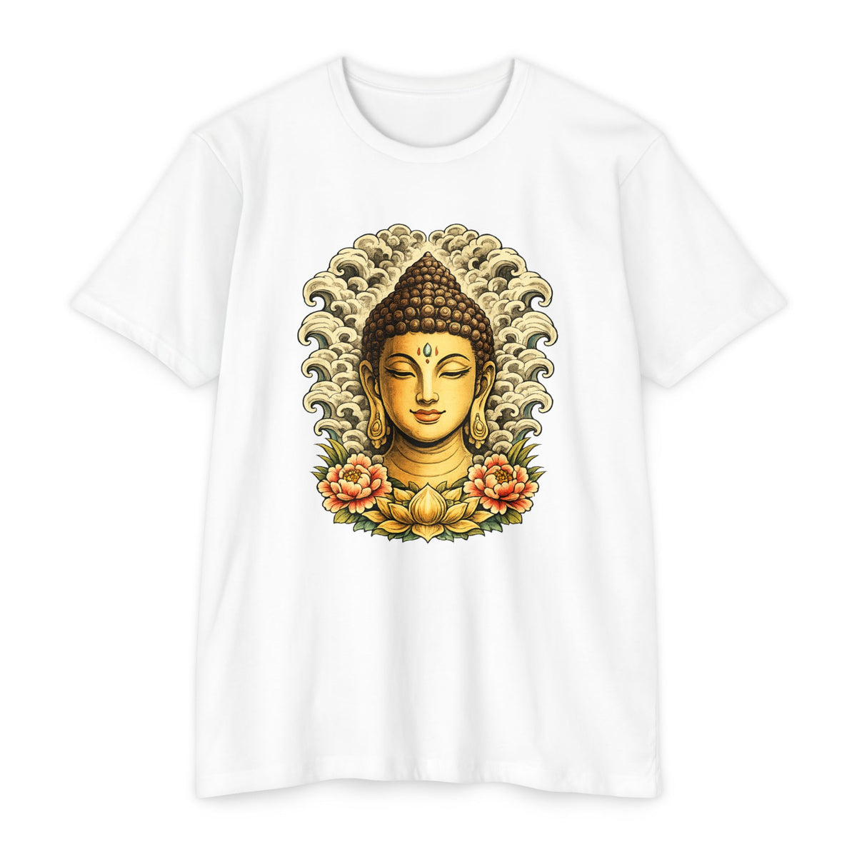 T-Shirt, Short Sleeve Boxy Crew Neck - Buddha Head Floral
