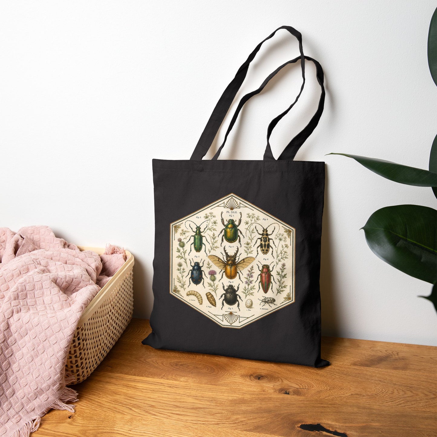 Vintage Entomology Beetle Print Canvas Tote Bag