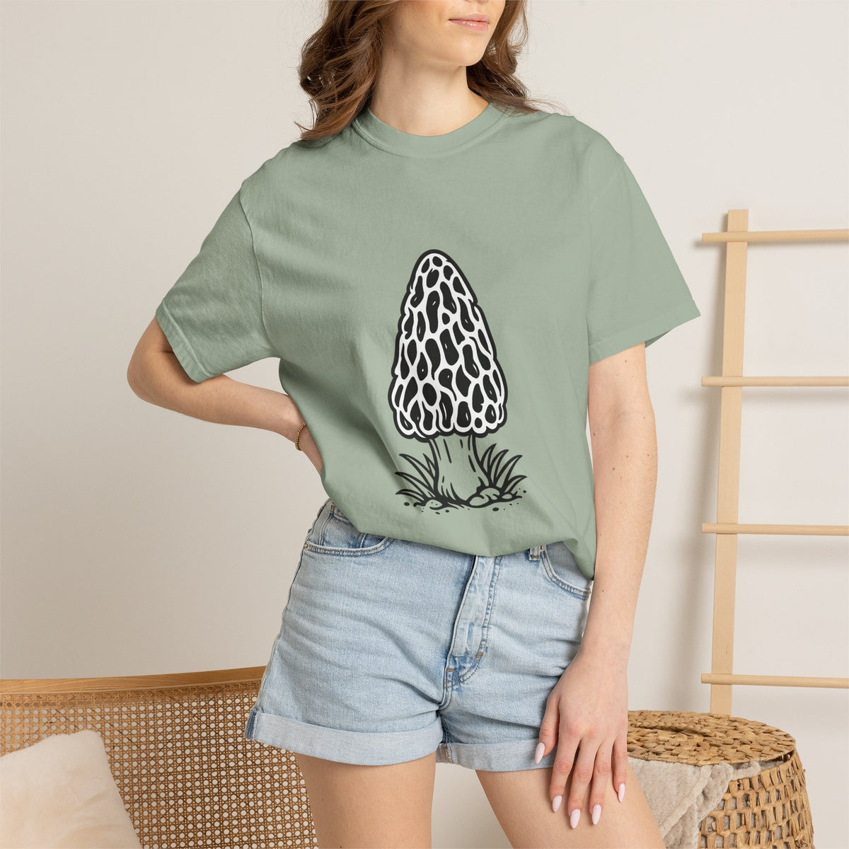 T-Shirt, Short Sleeve Boxy Crew Neck - Hand-Drawn Forager Morel Mushroom