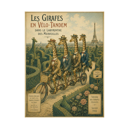 Poster, Art Print - Giraffes on Tandem Bicycles in a Maze