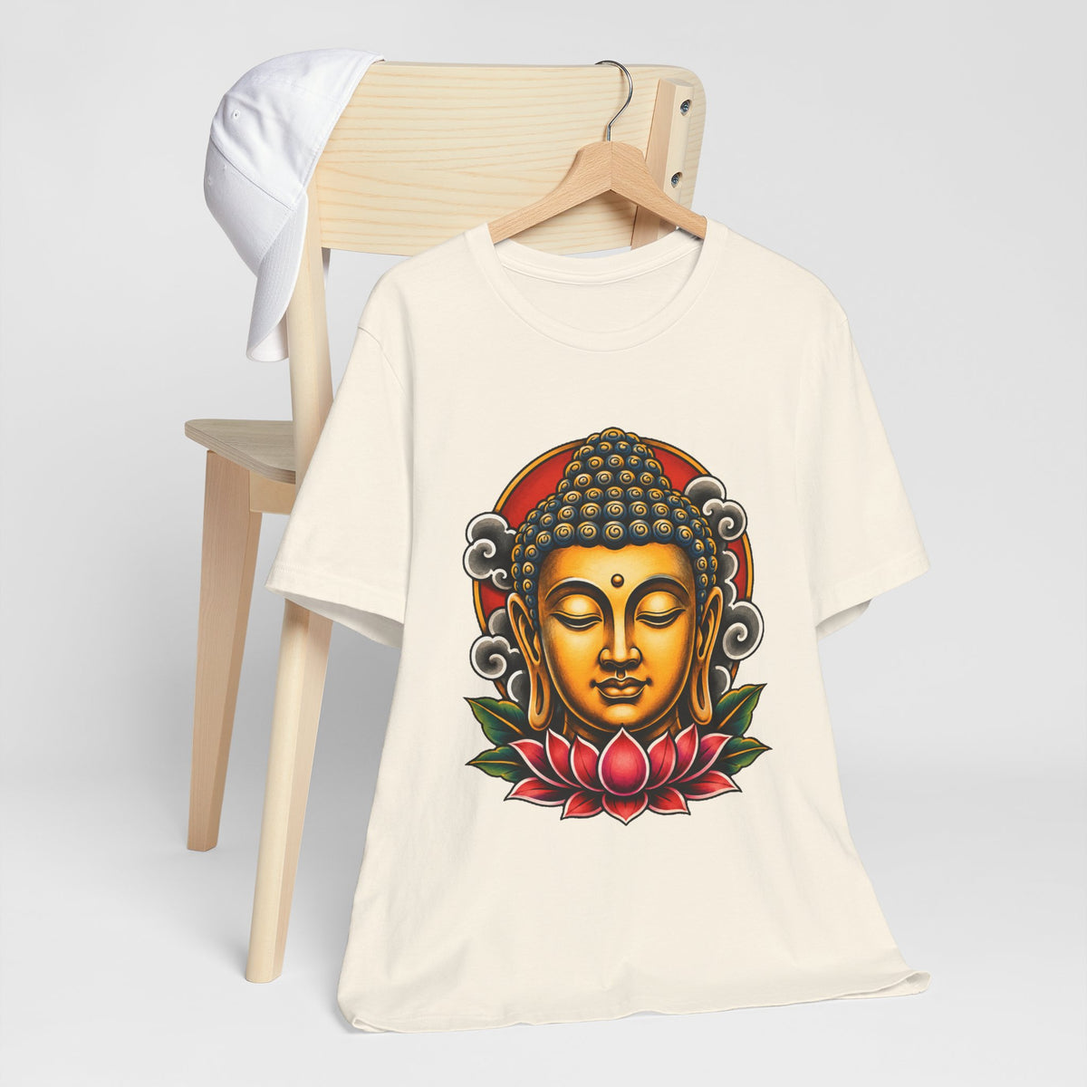 T‑Shirt, Short Sleeve Boxy Crew Neck - Golden Buddha Head with Lotus