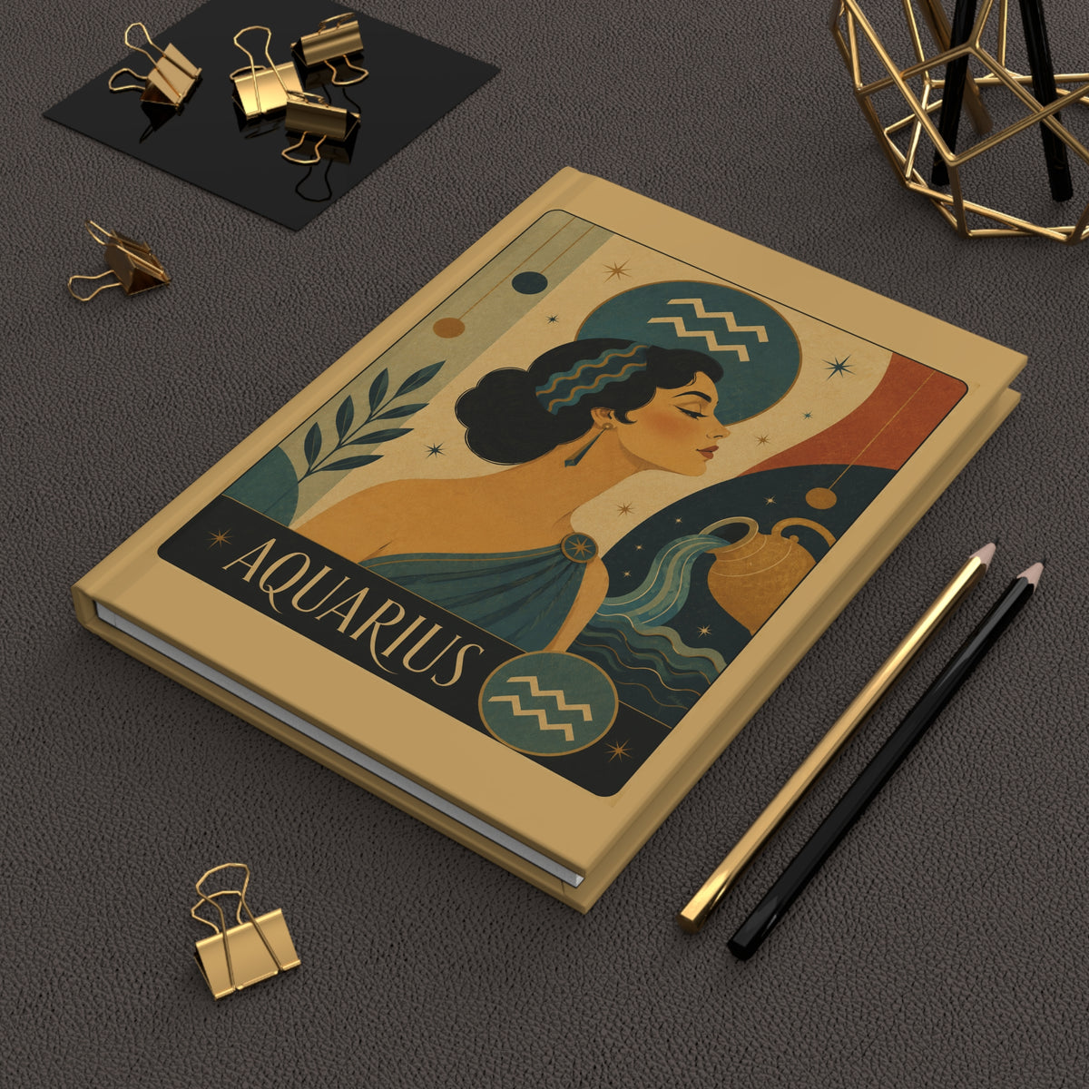 Journal Notebook, Hardcover Lined - Retro Aquarius Zodiac
