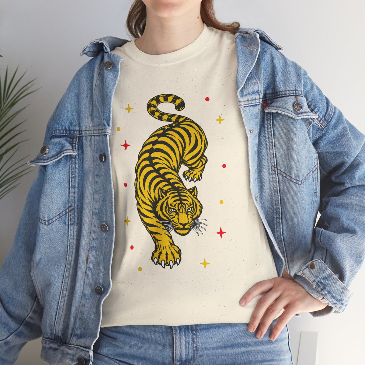 T-Shirt, Short Sleeve Boxy Crewneck - Yellow Tiger