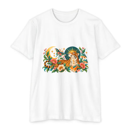 T-Shirt, Short Sleeve Boxy Crew Neck- Tiger Moon Celestial Floral