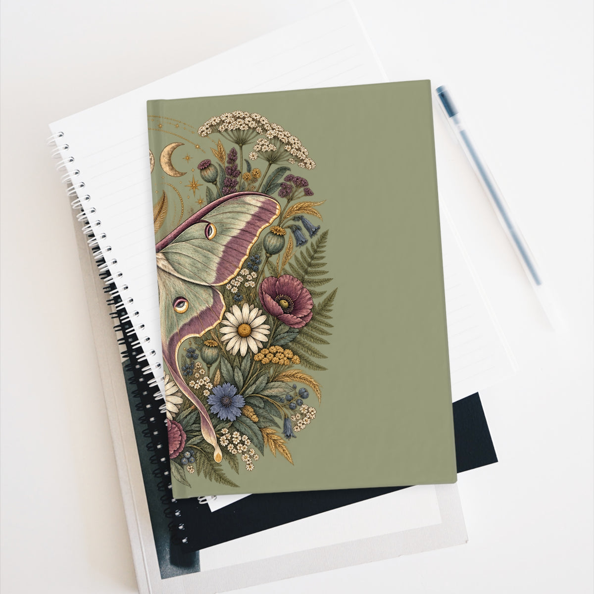 Journal Notebook, Hardcover Blank - Floral Luna Moth Moon & Wildflower (sage green)