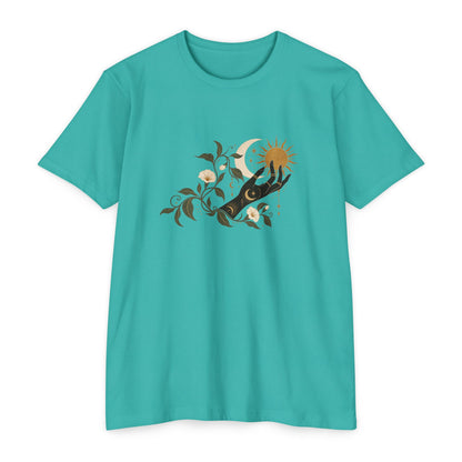 T-Shirt, Short Sleeve Boxy Crew Neck - Botanical Hand Reaching for the Sun