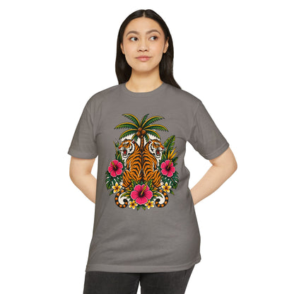 T-Shirt, Short Sleeve Boxy Crew Neck - Tiger Tiger Tropics Vintage Floral Palm
