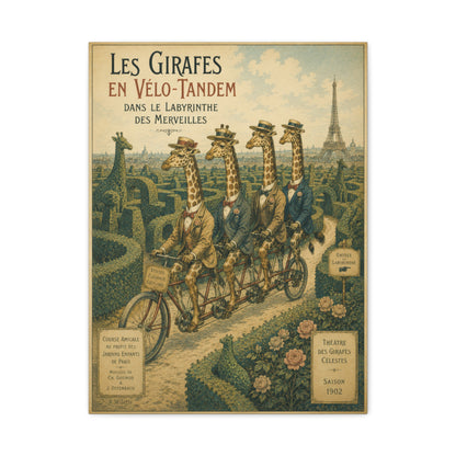 Canvass Art Print - Giraffes on Tandem Bicycles in a Maze